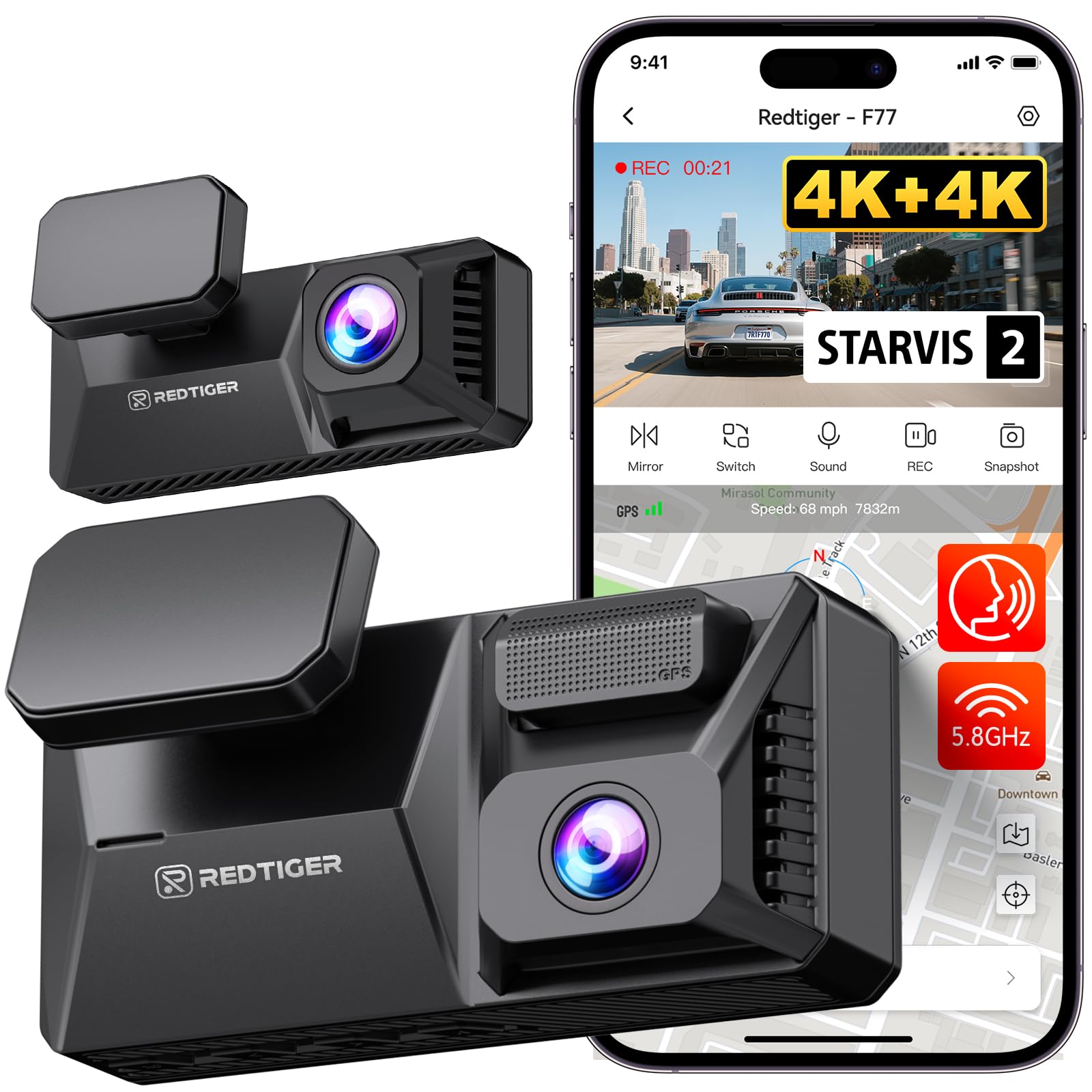 Redtiger Dash Cam F77 Dual 4K Camera
